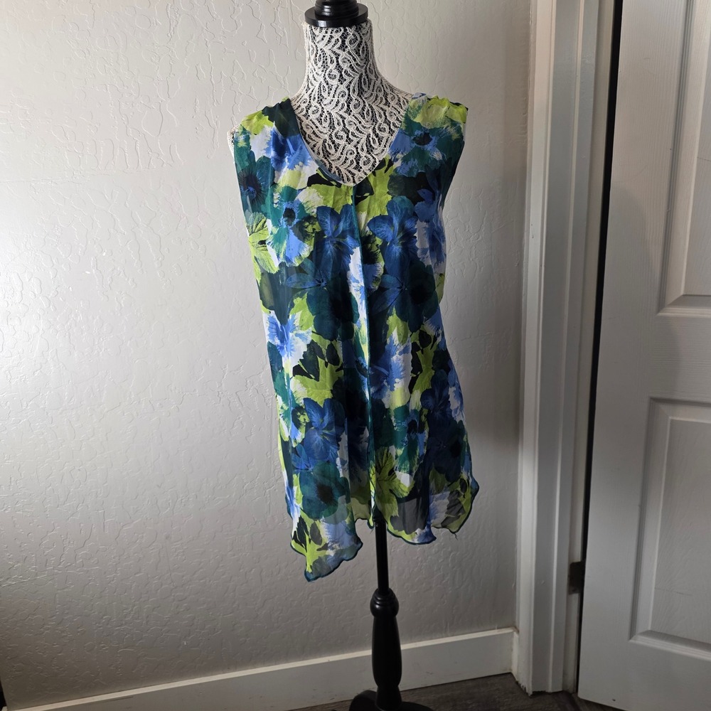 Adele & May Sleeveless Blouse Woman 2X Blue Green Floral Chiffon Layered Top